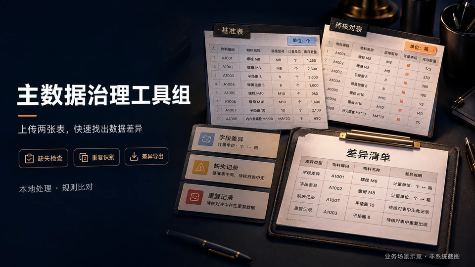主数据治理工具组场景：表格缺失检查、重复识别与差异导出